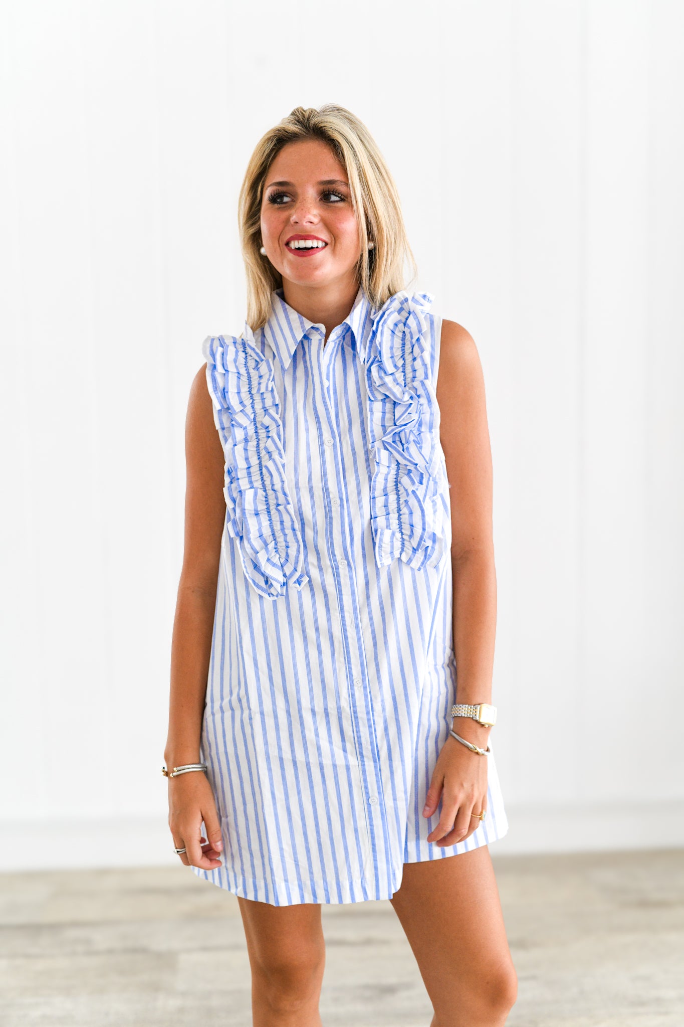 Keely - Ruffled Button Down Shirt Dress - Sky/White