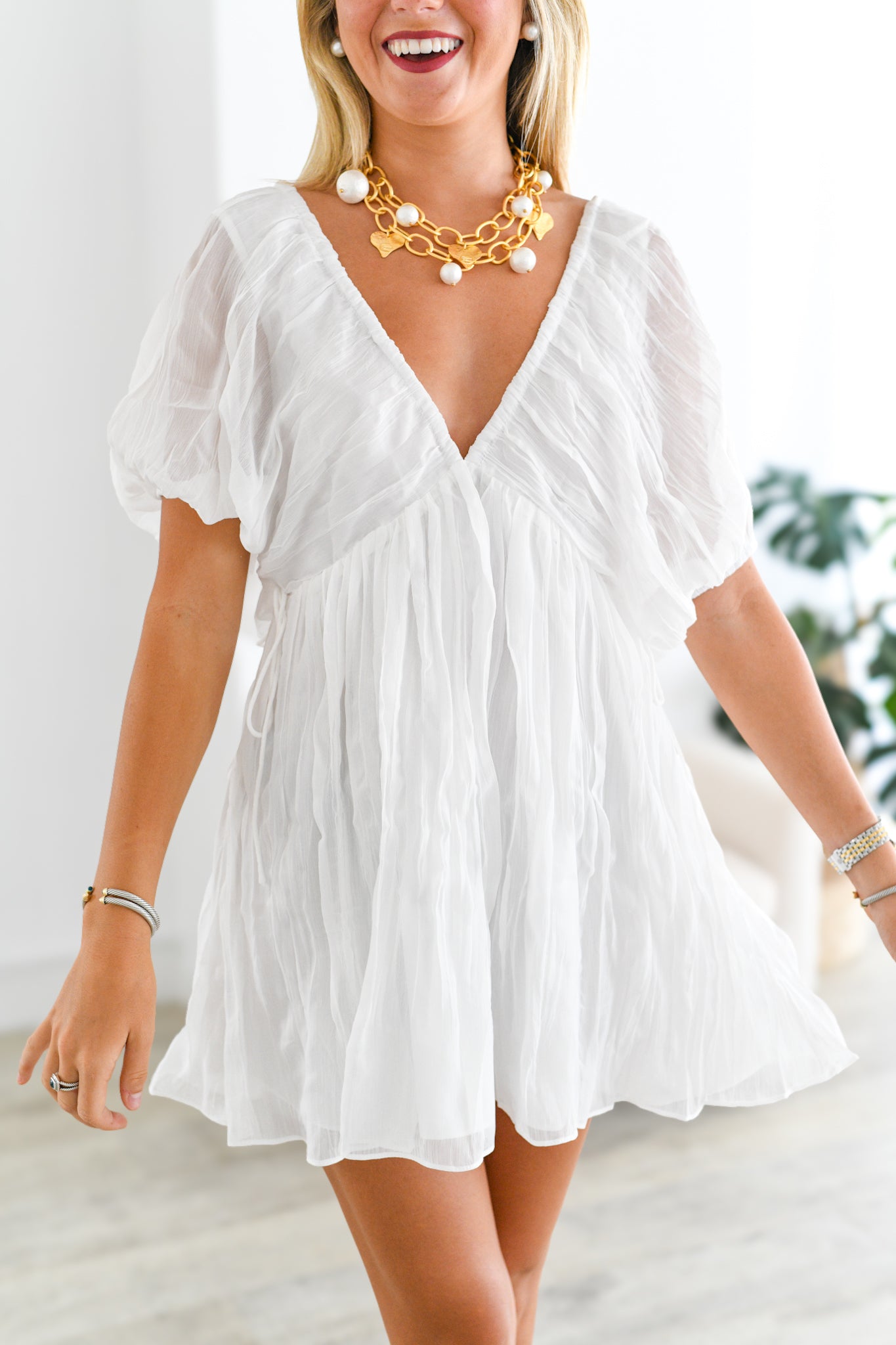 Tammy Deep V Puff Sleeve Dress-White