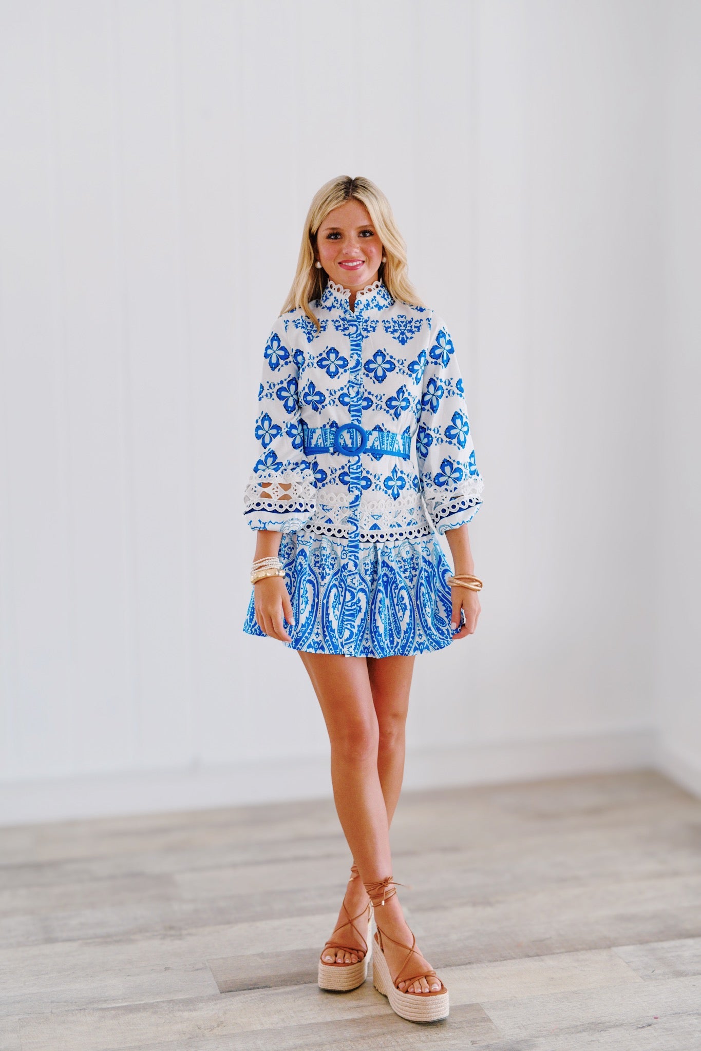 Tori Embroidery Belted Dress - Blue