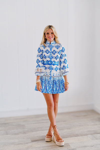 Tori Embroidery Belted Dress - Blue