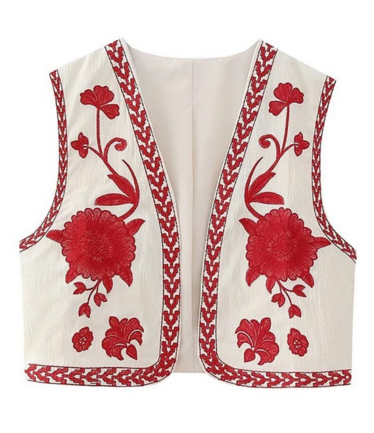 Floral Embroidered Crop Vest - Red