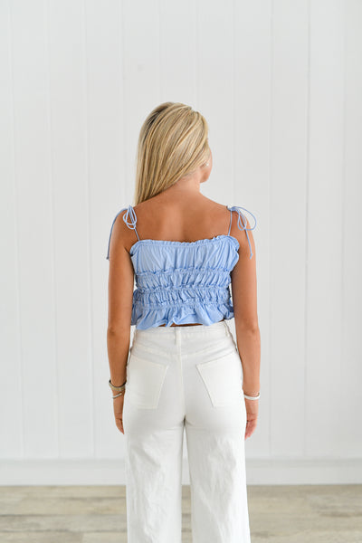 Harper Ruffle Trim Crop Top-Blue