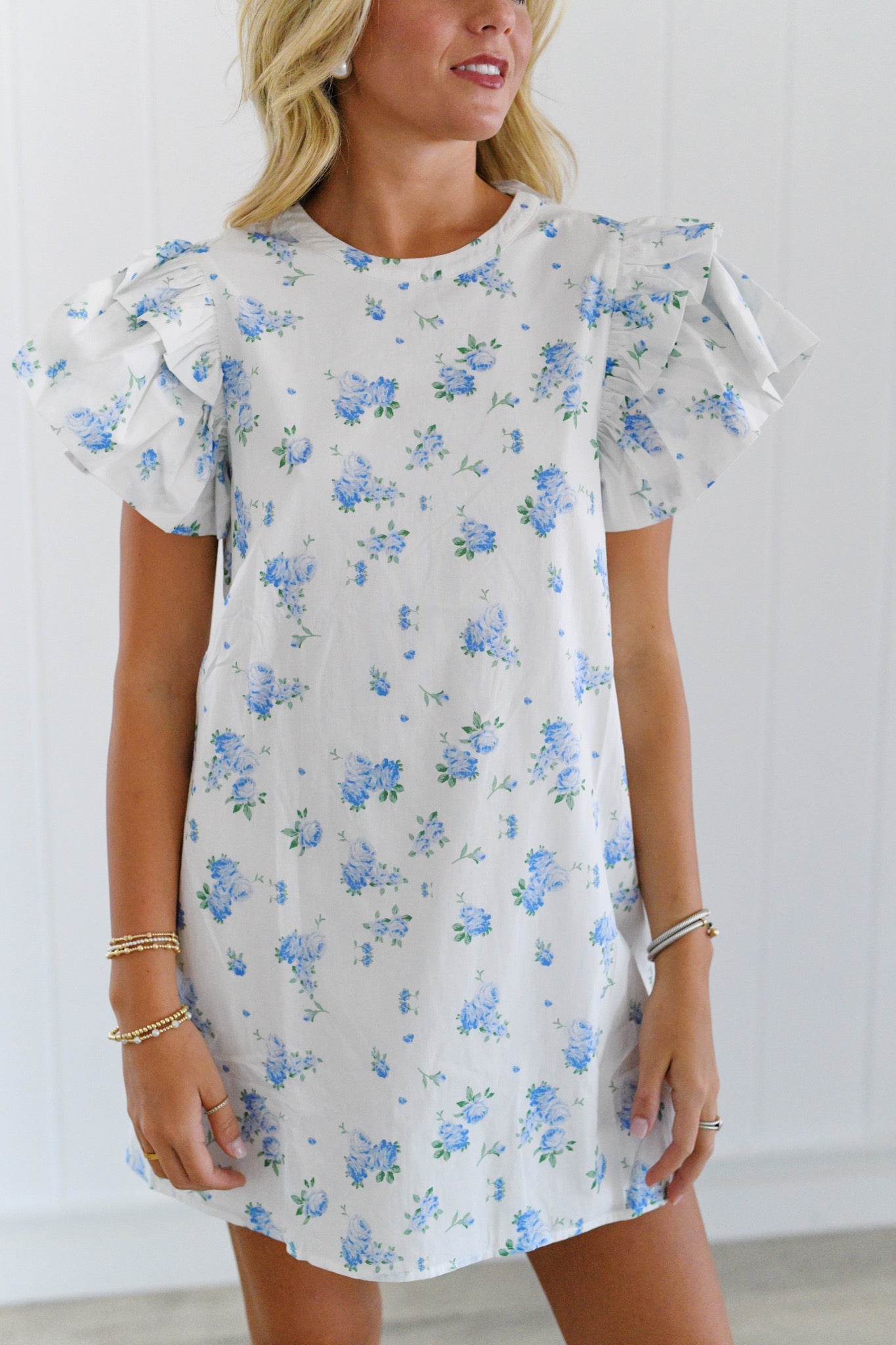 Anna Floral Dress - White/Blue