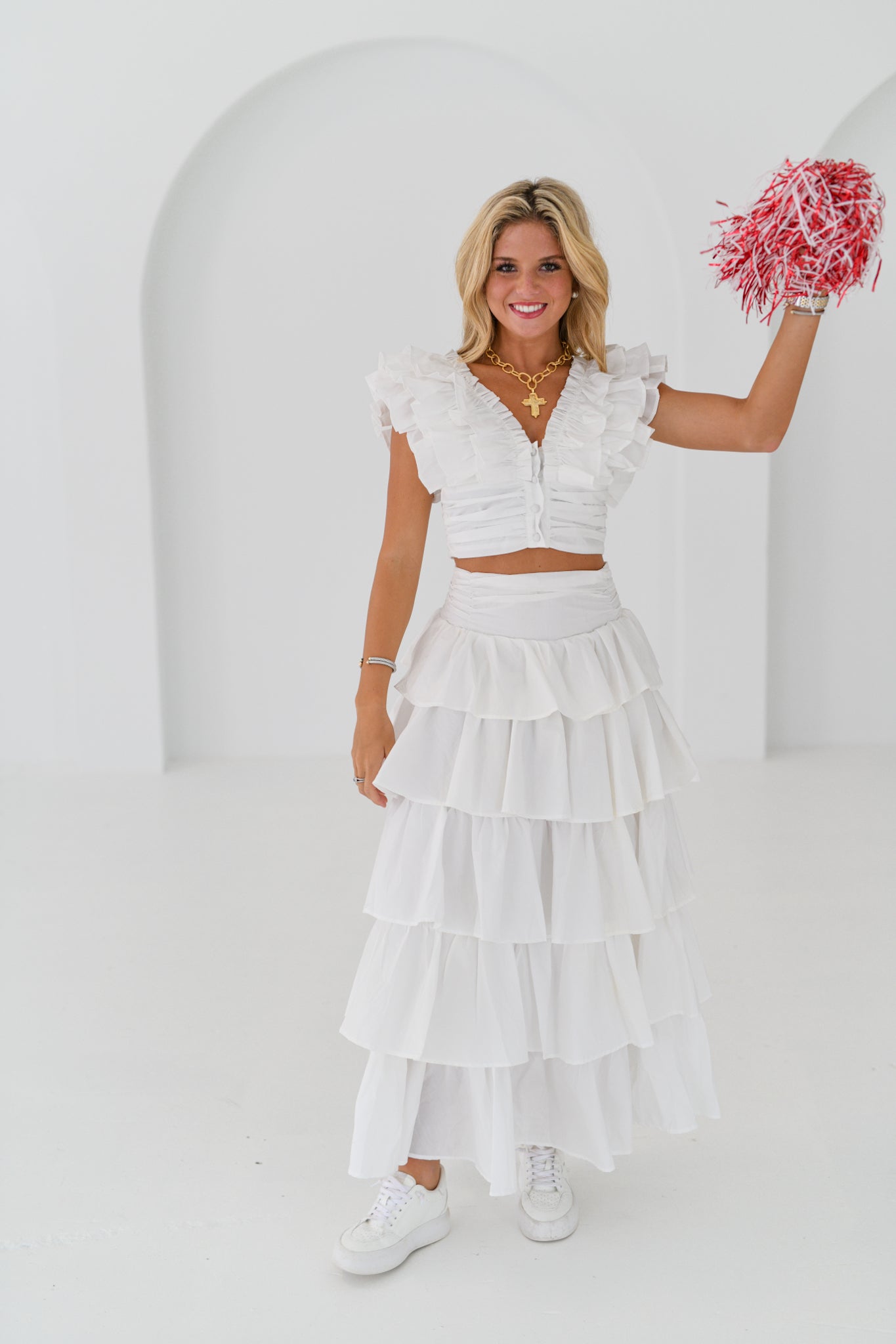 Kailey Ruffle Top and Midi Skirt Set-White