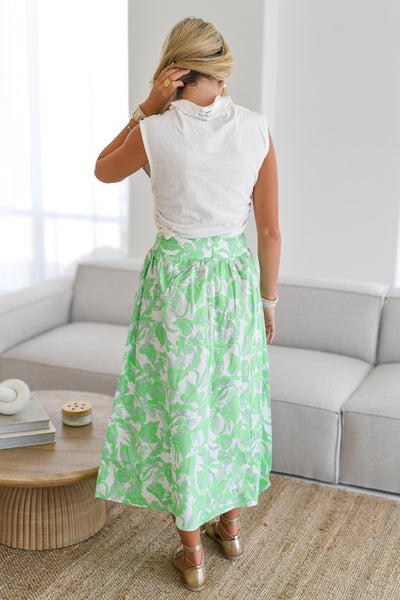 Paige Floral Printed Midi Skirt-White Green