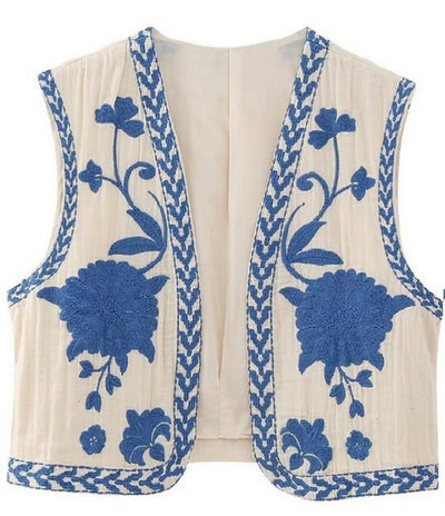 Floral Embroidered Crop Vest - Blue