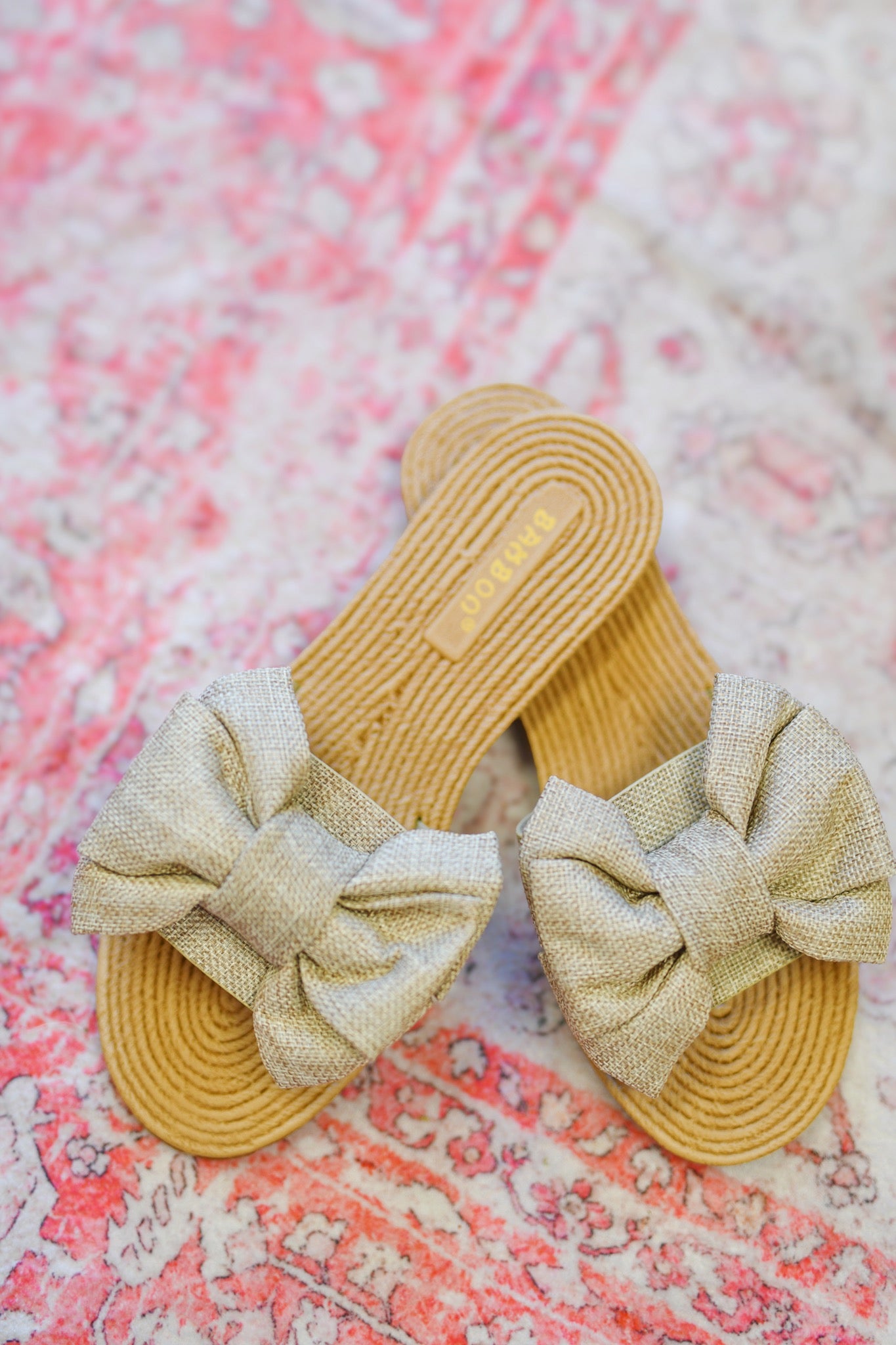 Beige Linen Bow Flat Sandals