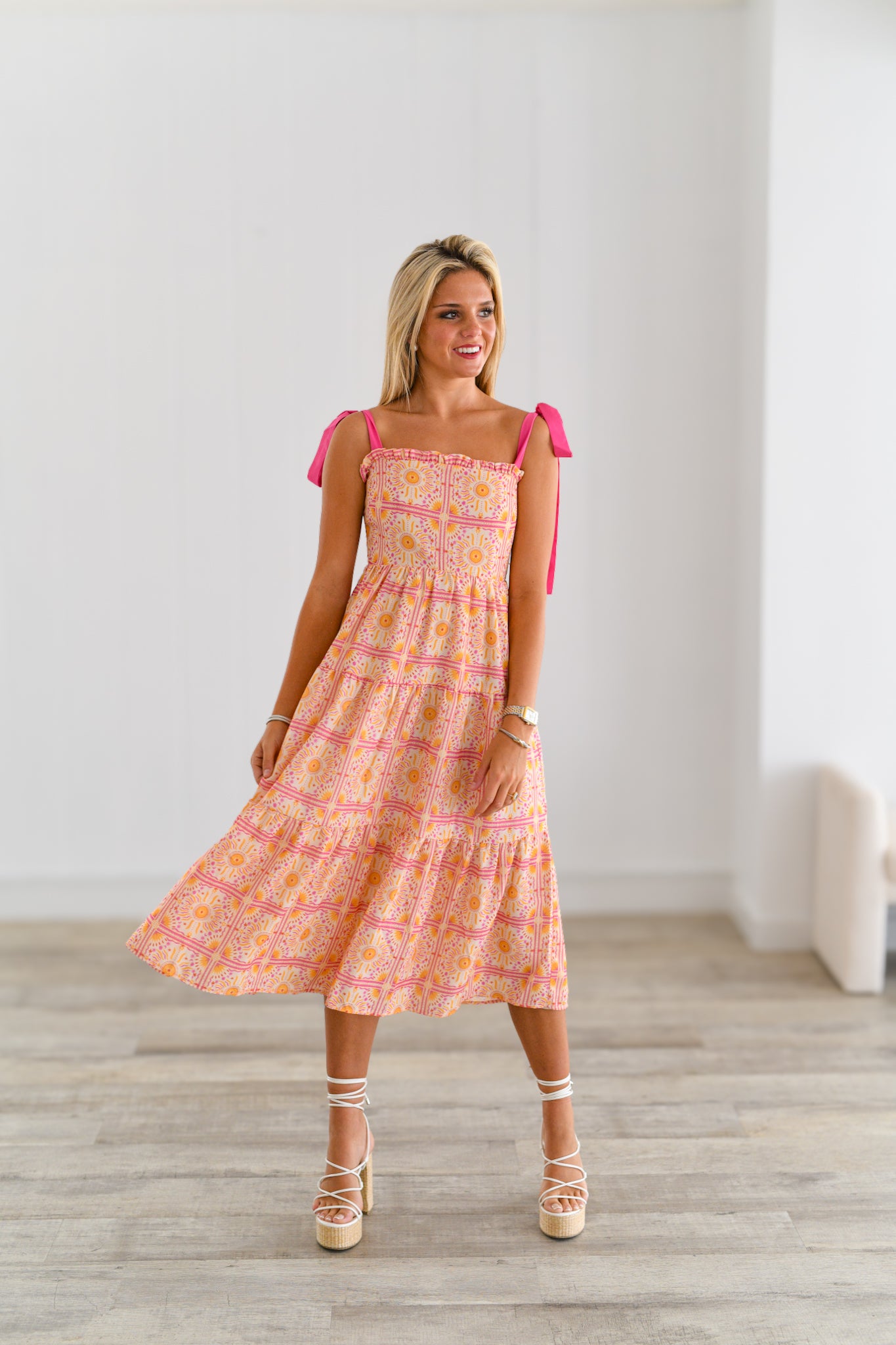 Sun Printed Tie Shoulder Midi Dress-Pink/Yellow