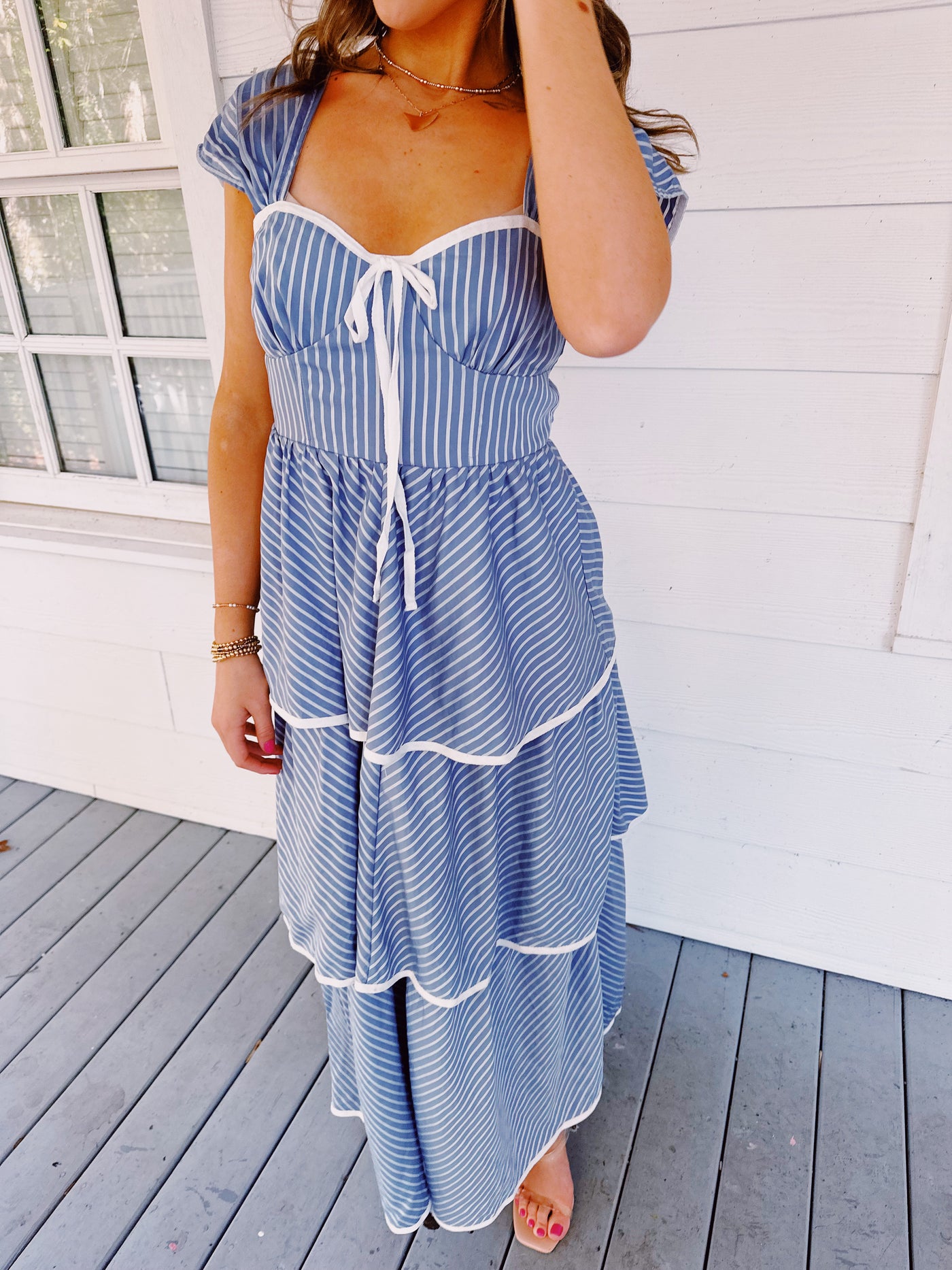 Elle Midi Dress- Striped Tiered Midi Dress - Blue/White
