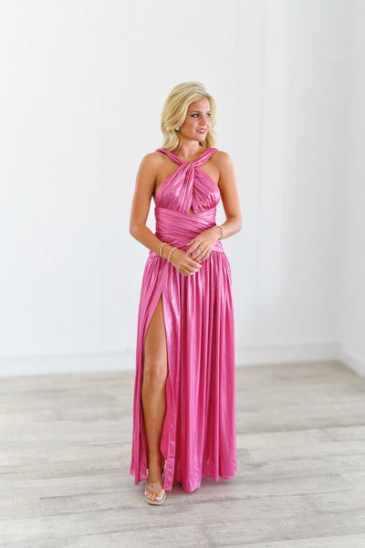 Lila Pleated Metallic Dress - Pink