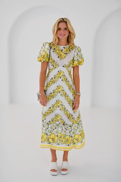 Lindsey Floral Puff Sleeve Midi Dress - Yellow/White