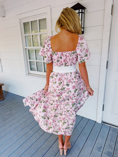Fancy Floral Midi Dress - Pink