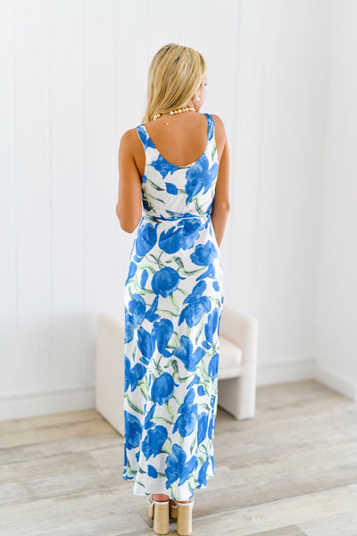 April Cowl Neck Satin Floral Maxi Dress - Blue