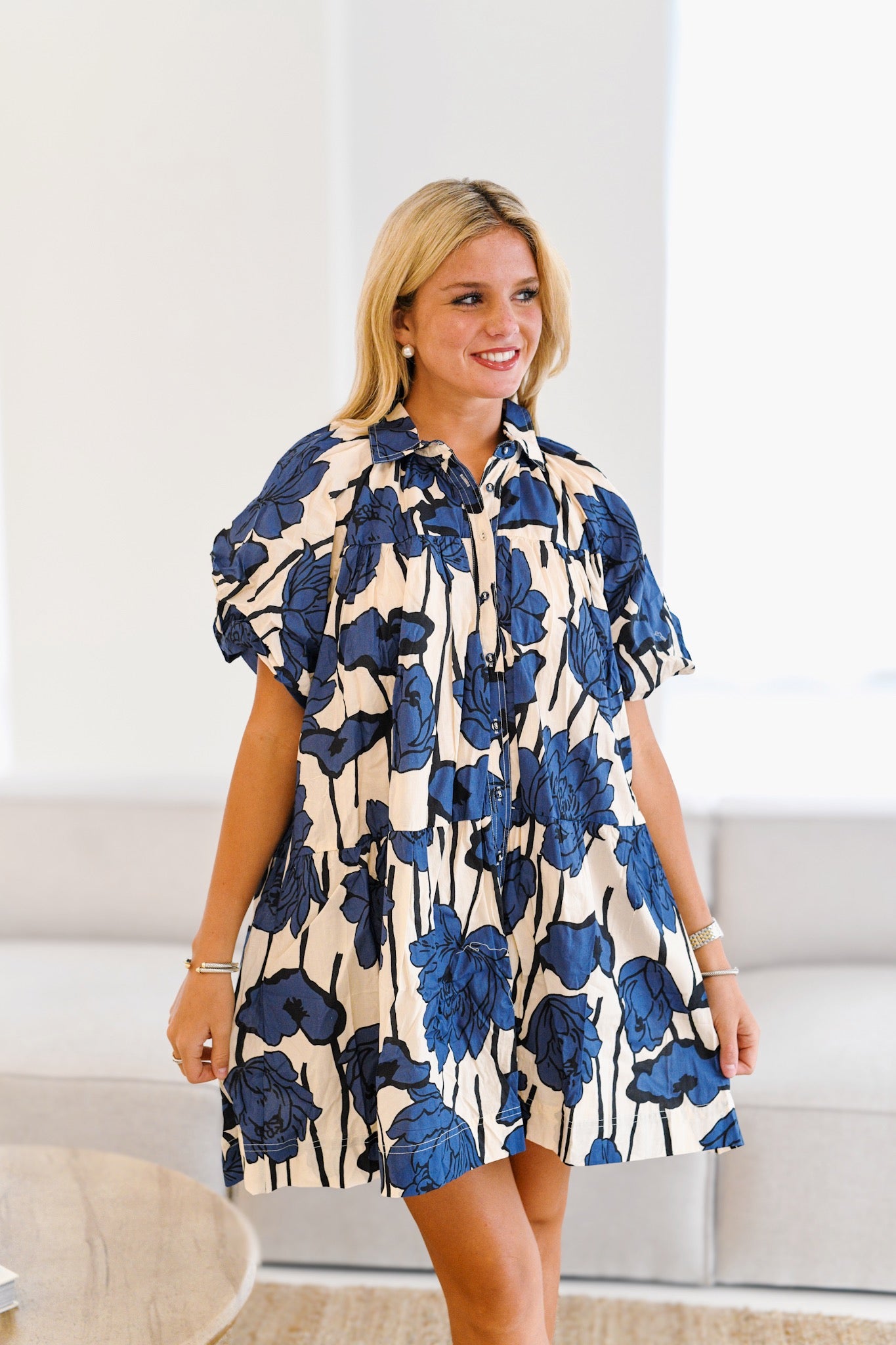 Kim Bubble Sleeve Shirt Dress - Blue