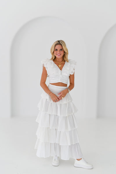 Kailey Ruffle Top and Midi Skirt Set-White