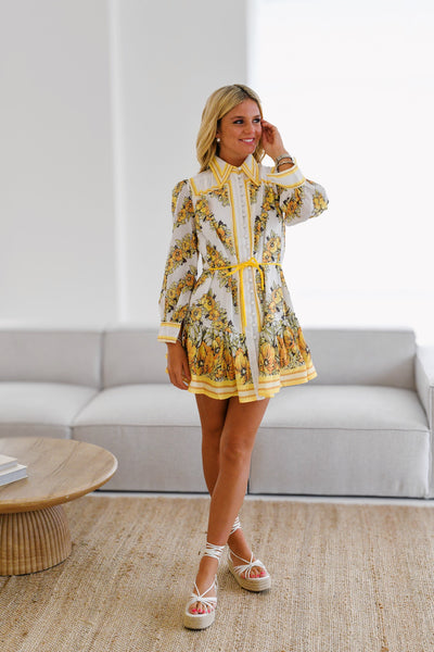 Mia Long Sleeve Belted Dress- Yellow Pattern