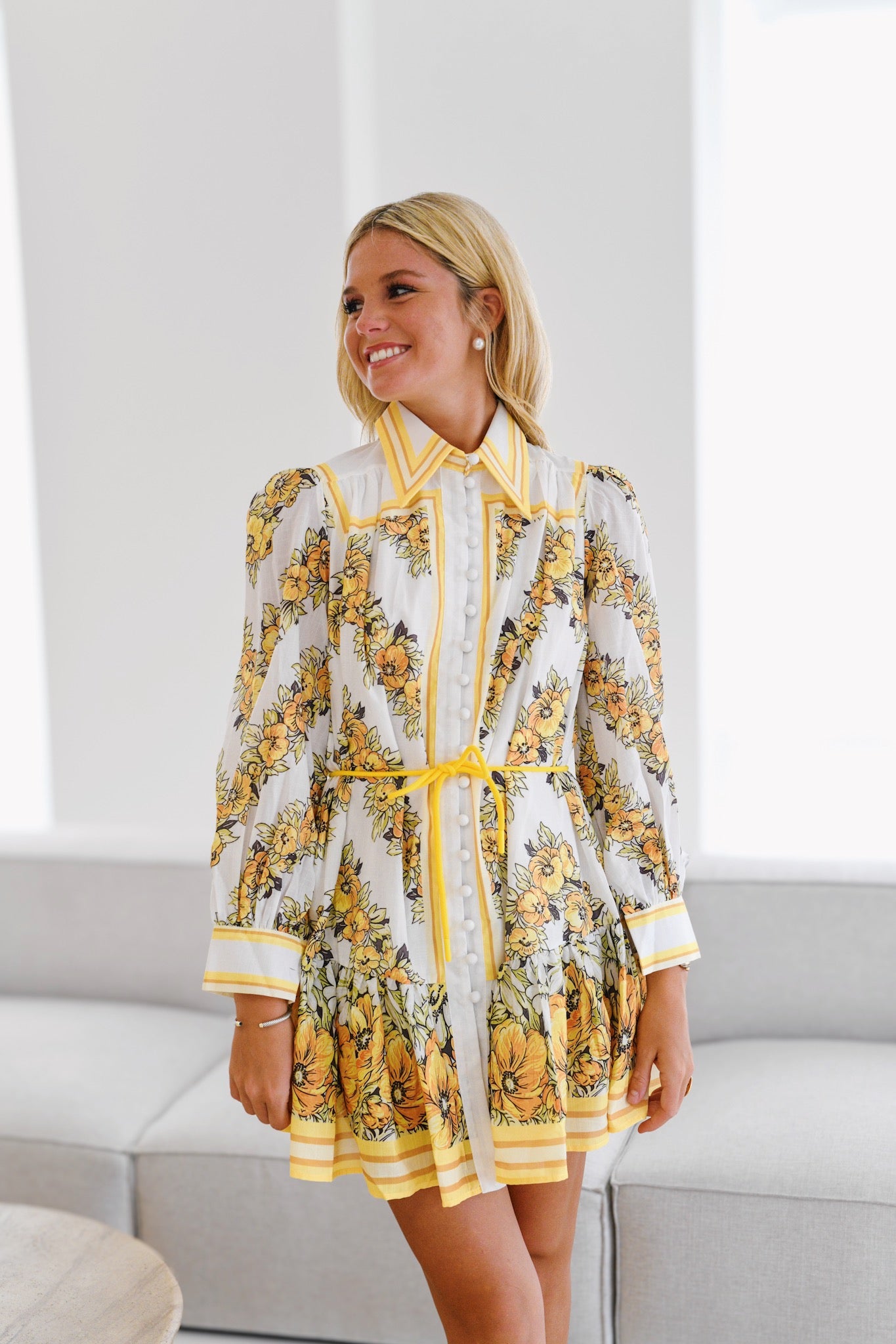 Mia Long Sleeve Belted Dress- Yellow Pattern