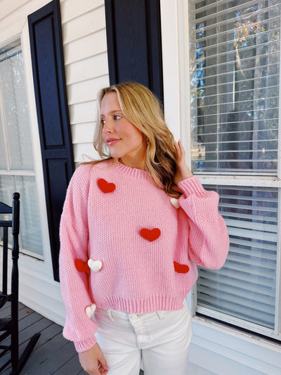 3D Heart Crochet Long Bubble Sleeve Sweater