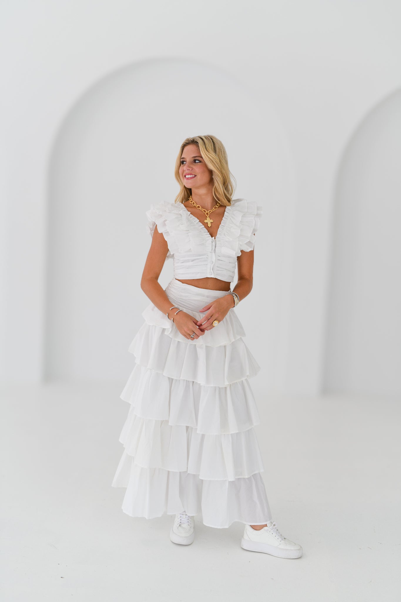 Kailey Ruffle Top and Midi Skirt Set-White