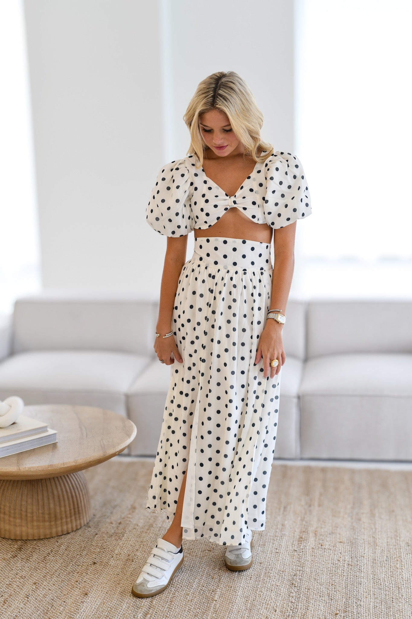 Maci Polka Dot Crop Top and Skirt Set-White