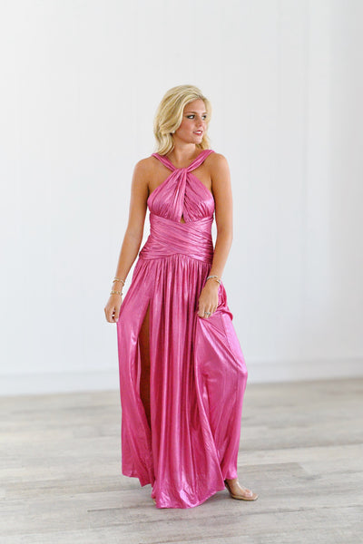 Lila Pleated Metallic Dress - Pink