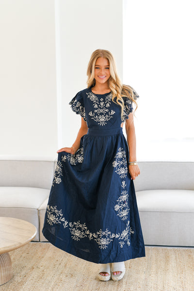 Kacie Embroidered Ruffle Sleeve Midi Dress-Navy