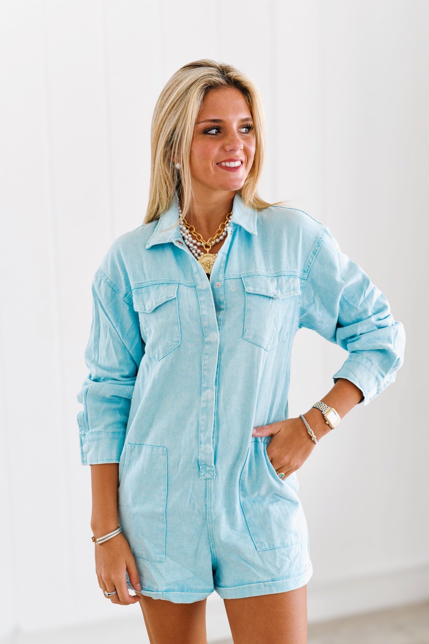 Alice Denim Long Sleeve Romper-Light Blue