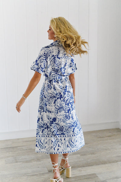 Rylie Floral Print Belted Shirt Dress - Blue