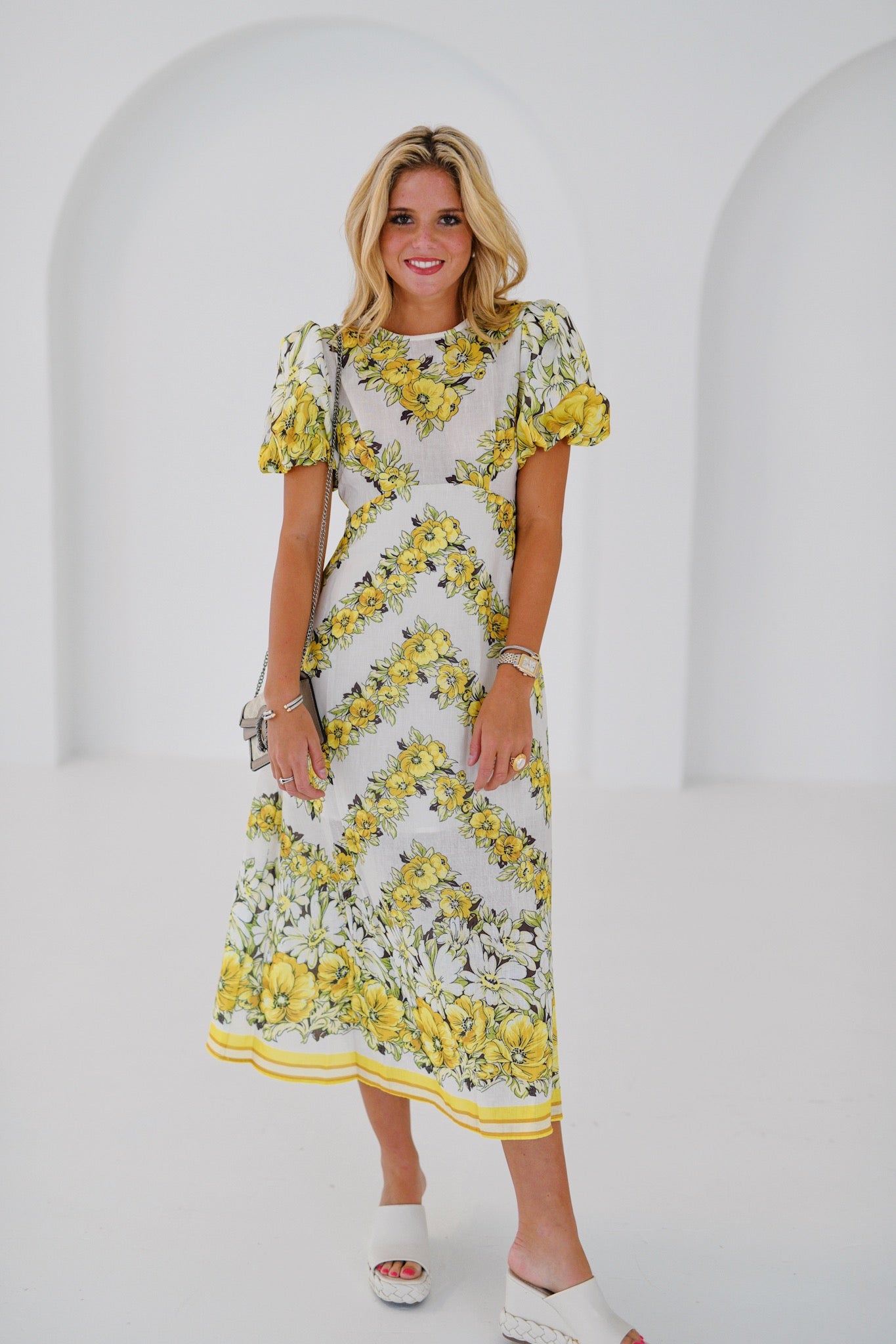 Lindsey Floral Puff Sleeve Midi Dress - Yellow/White