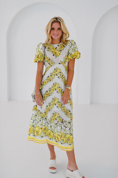 Lindsey Floral Puff Sleeve Midi Dress - Yellow/White