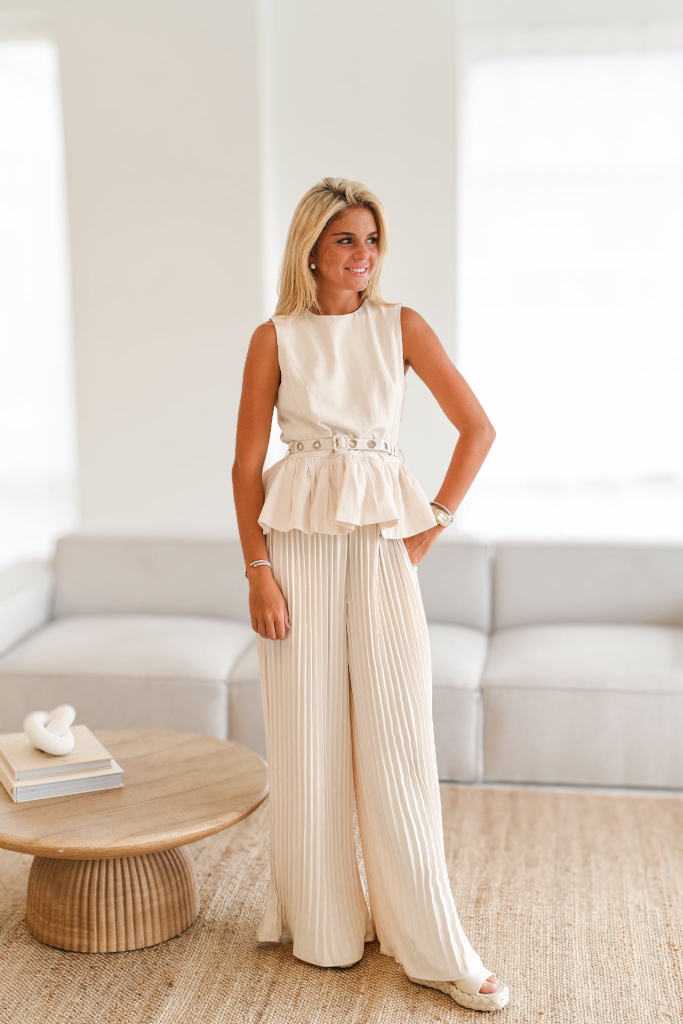 Trinity bubble top and pleated pants set - cream