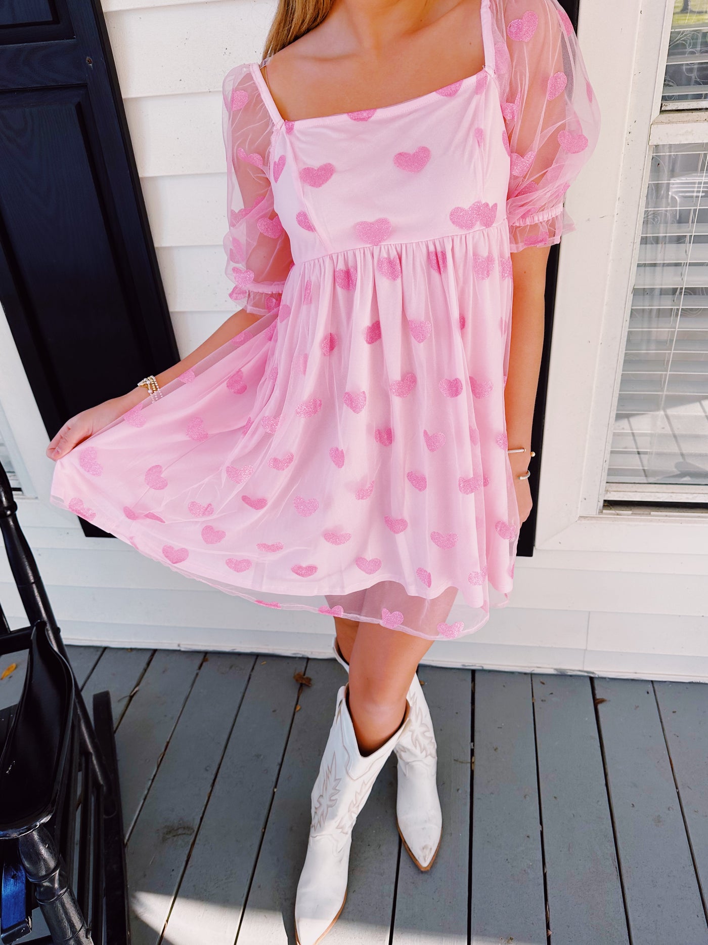 Kaylee Sparkling Glitter Heart Patch Baby Doll Dress
