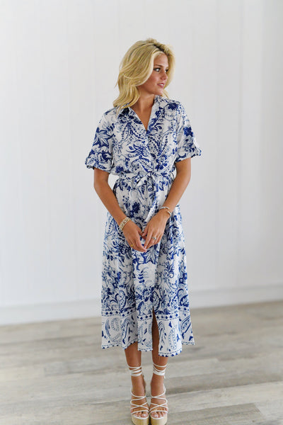 Rylie Floral Print Belted Shirt Dress - Blue