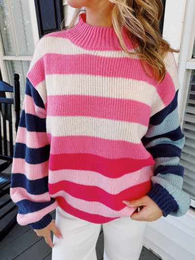 Piper Striped Color Block Mock Neck Loose Fit Sweater