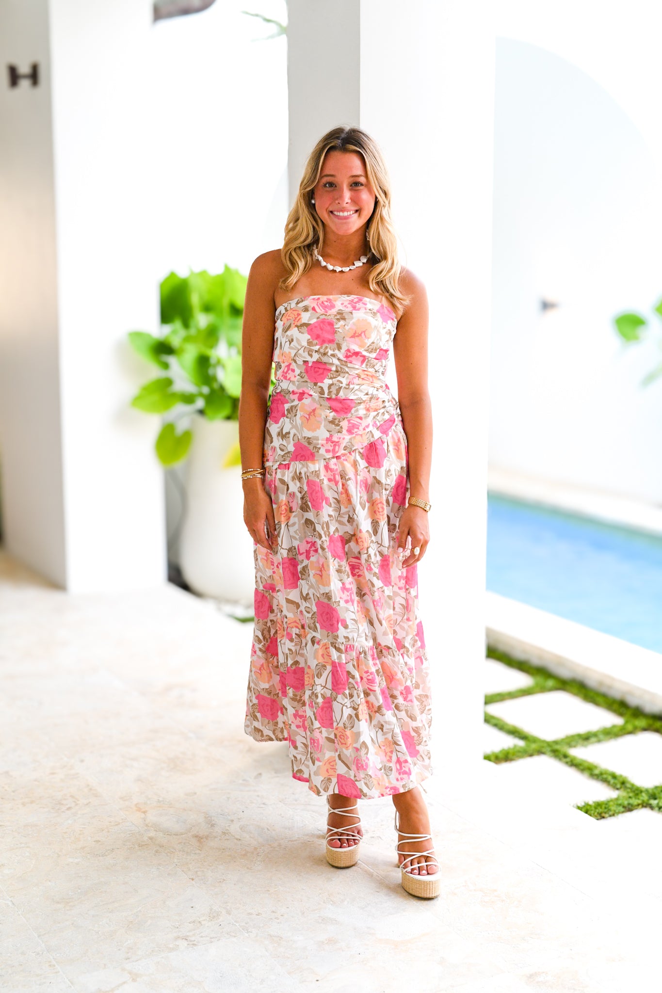 Aline Floral Strapless Maxi Dress - Pink/Orange