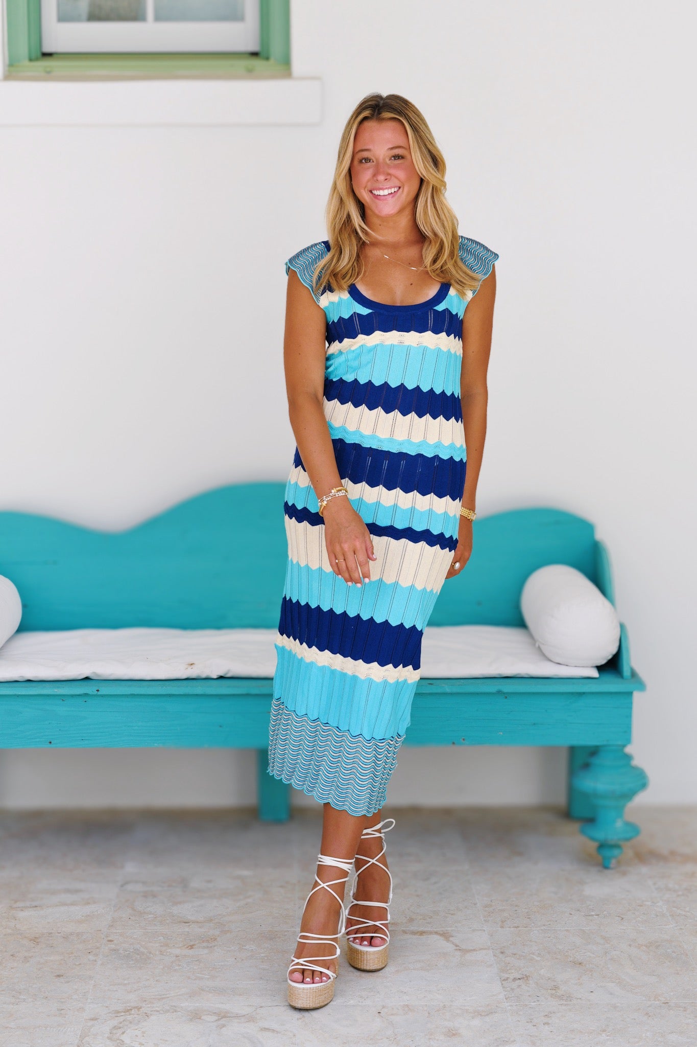 Addie Scalloped Knit Midi Dress-Navy Multi