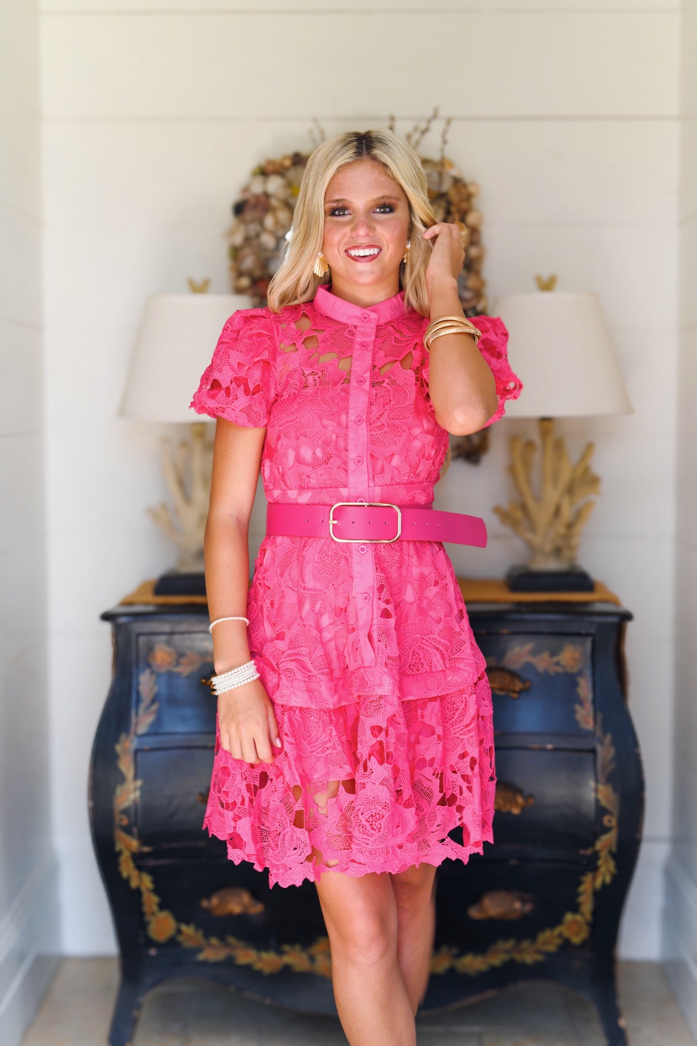 Claire Belted Lace Mini Dress - Pink