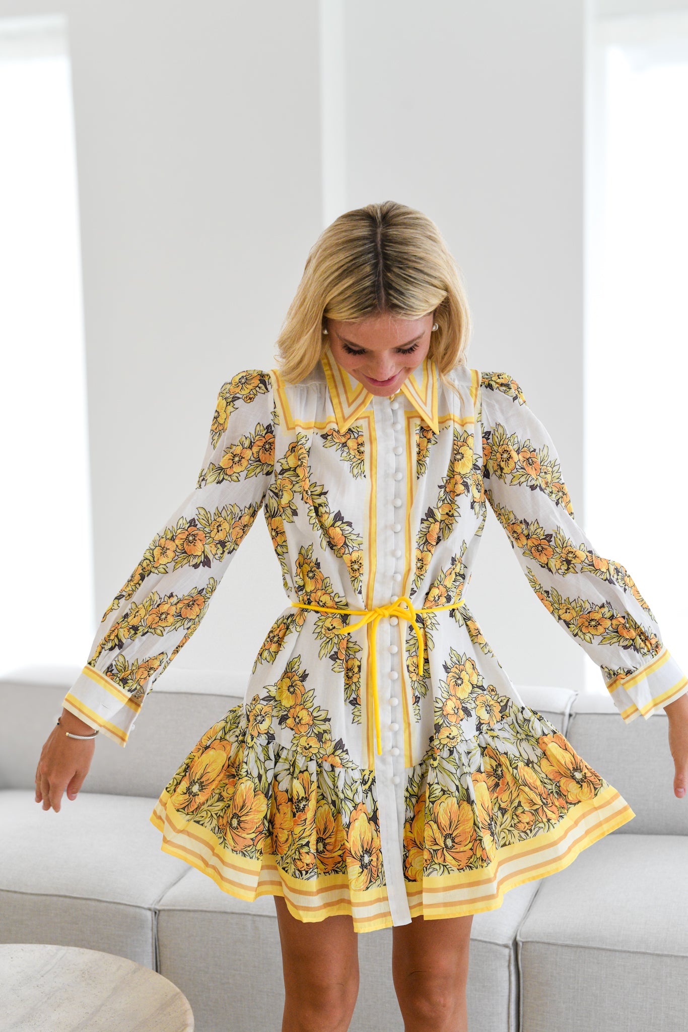 Mia Long Sleeve Belted Dress- Yellow Pattern