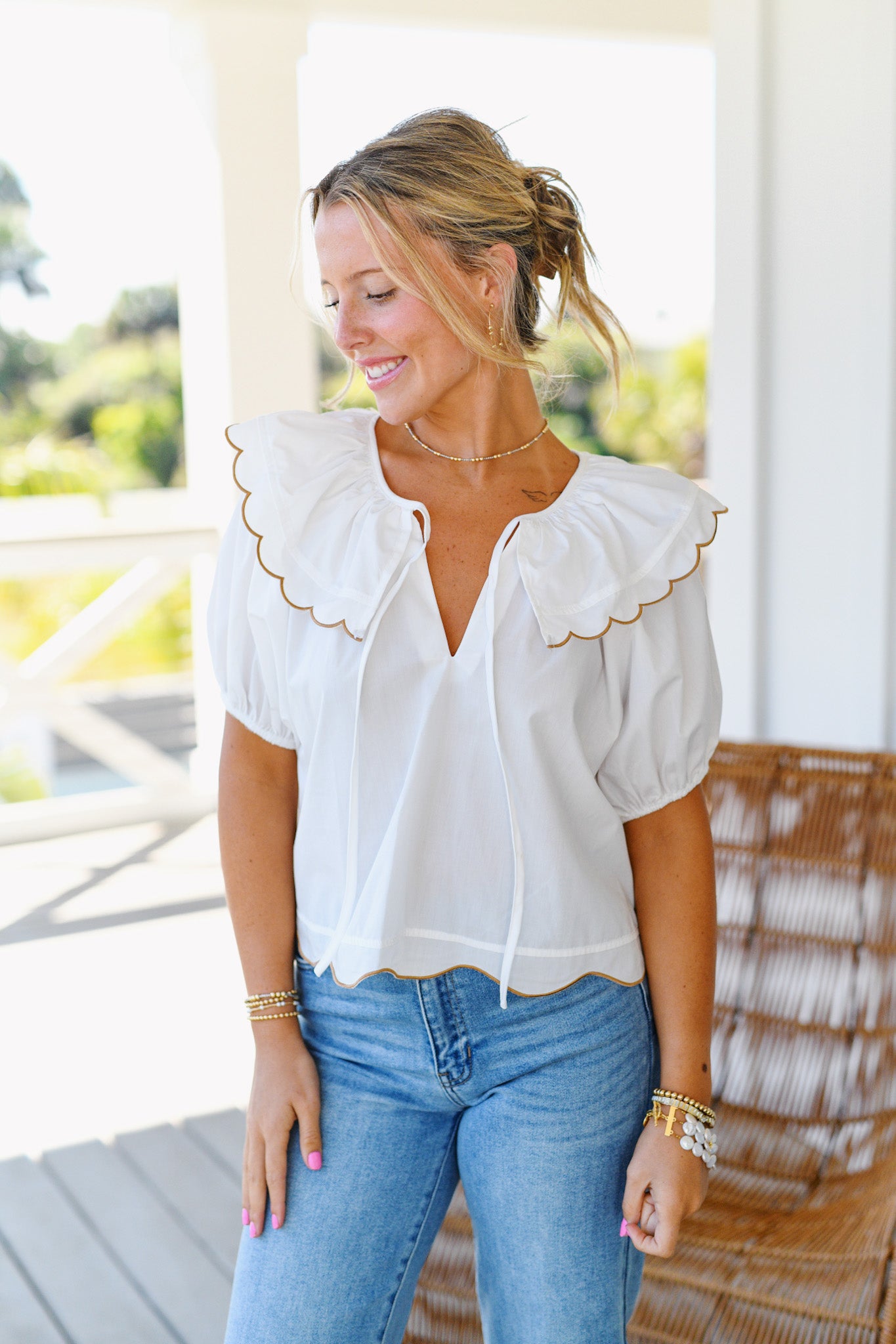 Cate Scalloped Collar Top - Off White/Taupe
