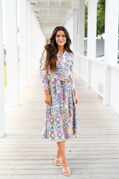 Ainsley Paisley Print Belted Midi Dress - Multi Color