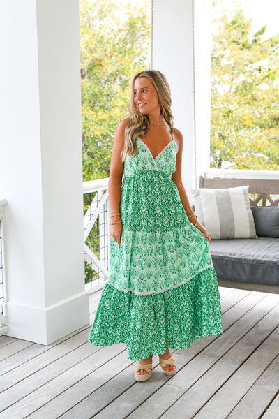 Tara Tile Print Tie Back Maxi Dress - Green