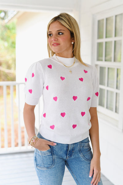 Rachel Heart Short Sleeve Sweater - Ivory