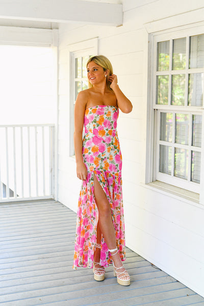 Hailey Strapless Asymmetric Floral Maxi Dress - Pink/Orange