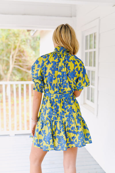 Nicole Floral Print Puff Sleeve Dress - Lime/Blue