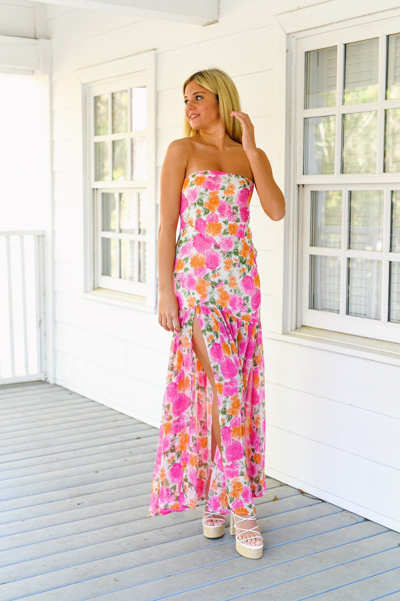 Hailey Strapless Asymmetric Floral Maxi Dress - Pink/Orange –  shopfancydboutiqe