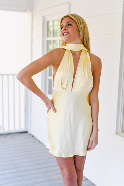 Morgan Halter neck Satin Mini Dress - Yellow