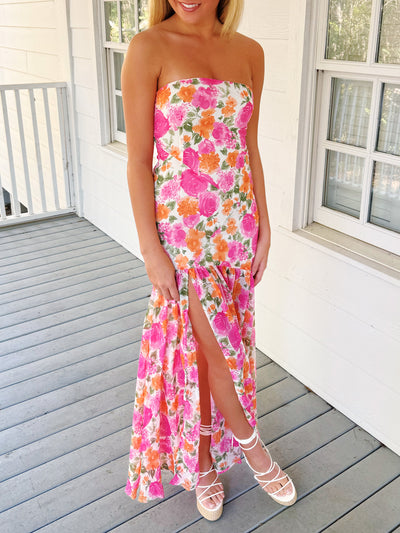 Hailey Strapless Asymmetric Floral Maxi Dress - Pink/Orange