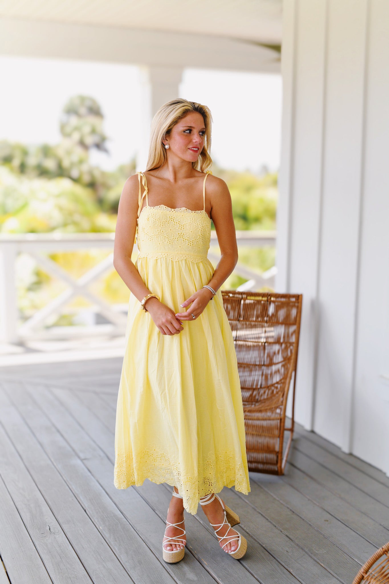 Kellie Scallop Eyelet Midi Dress - Yellow