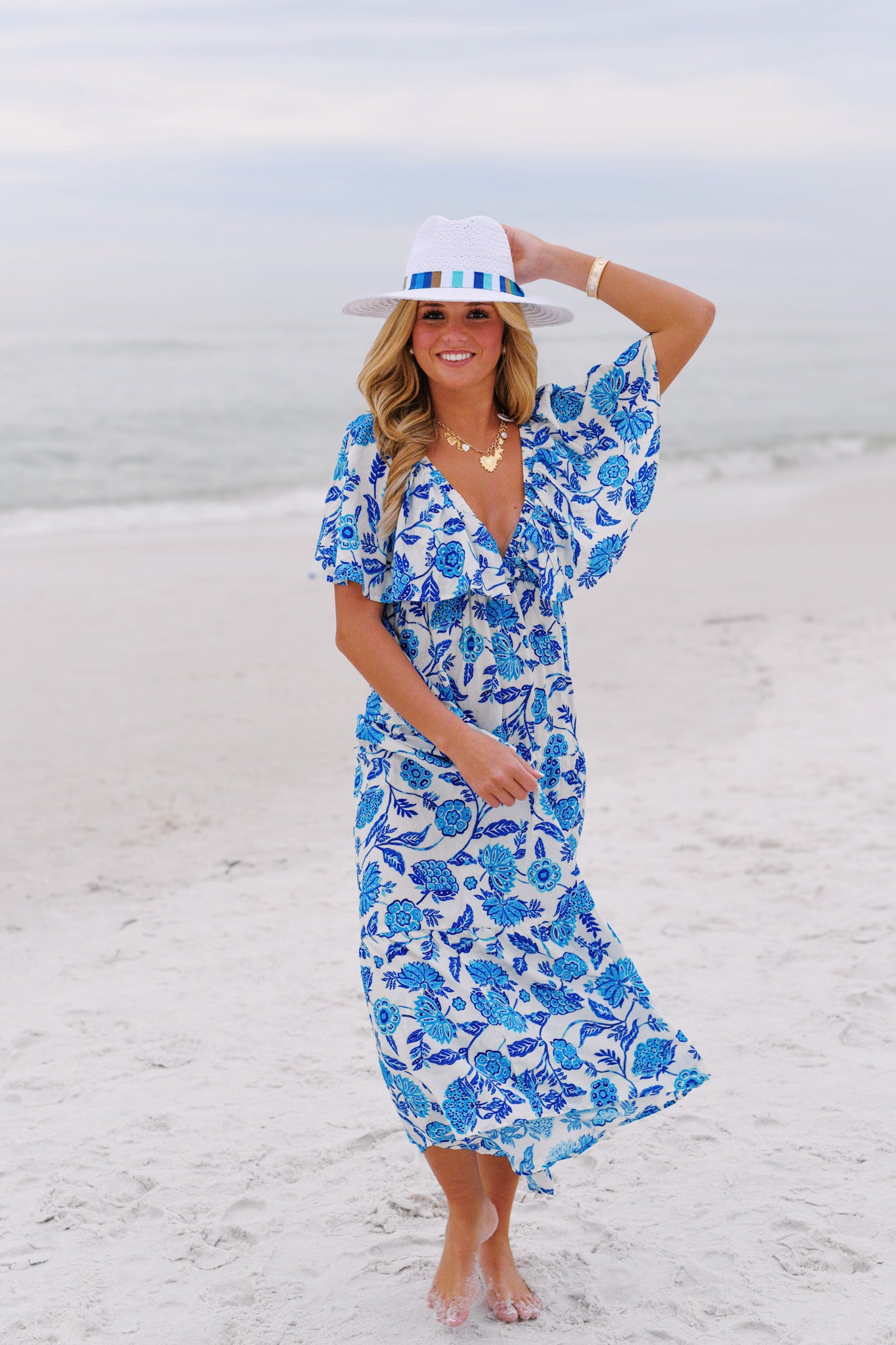 Riley Floral V Neck Dress - Blue Floral