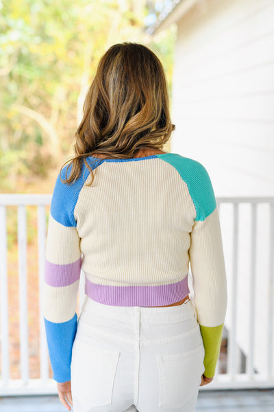 Julia Long Sleeve Color Block Stripe Knit Top- aqua-multi